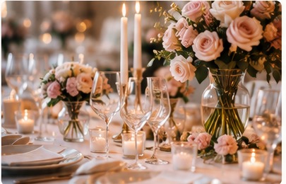 Romantisk bröllopsdukning med rosor, levande ljus och vackra glas